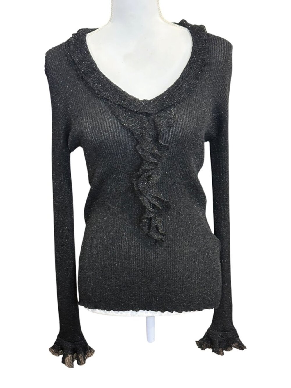 Etro Black Metallic Ruffle Knit Sweater Size 42/US 6 NWT